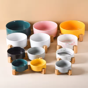 Multicolor Ceramic Pet Bowl With Bamboo Stand